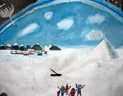 Illustration of a group of people in Antarctica with a balloon in the air.