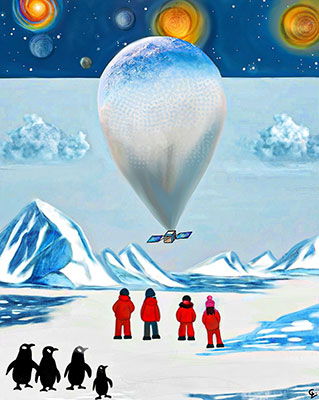 Illustration of a group of people in Antarctica looking up at a balloon. There are penguins nearby.