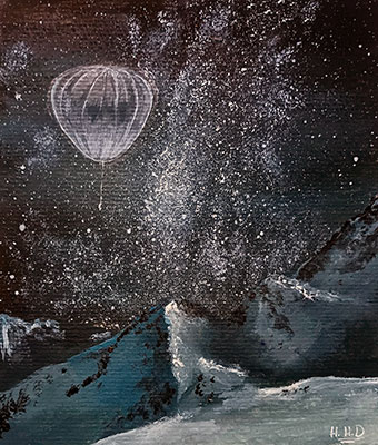 Illustration of a night sky in Antarctica with a balloon floating in the sky.